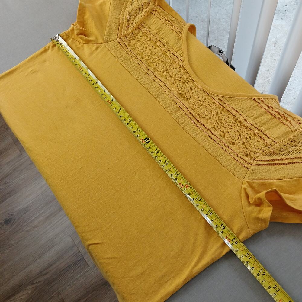Fig Mustard Yellow Lace Yoke T-shirt XL short sleeve tee cotton blouse top - Picture 9 of 11